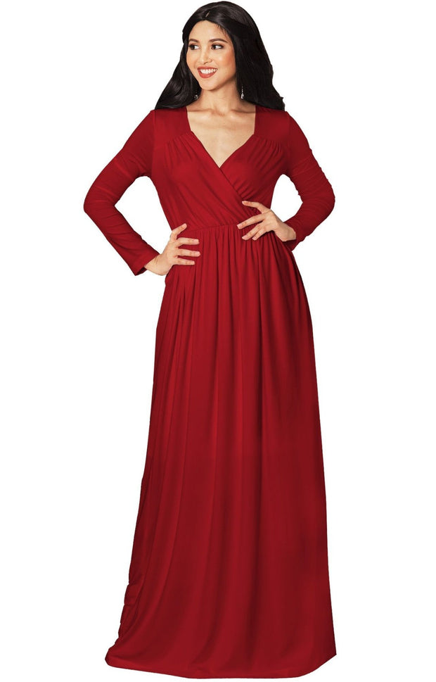 SKYLAR - Long Sleeve Empire Waist Modest Fall Flowy Maxi Dress Gown - Crimson Dark Red / Medium