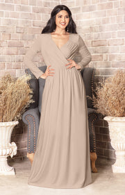 SKYLAR - Long Sleeve Empire Waist Modest Fall Flowy Maxi Dress Gown - Nude Champagne Brown / Small