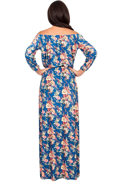 TABITHA - Off Shoulder Floral 3/4 Sleeve Summer Cocktail Maxi Dress