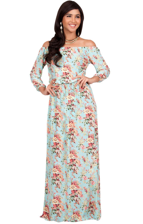 TABITHA - Off Shoulder Floral 3/4 Sleeve Summer Cocktail Maxi Dress - Light Blue & Yellow / 2X Large