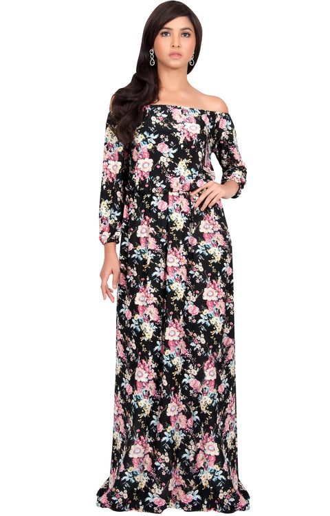 TABITHA - Off Shoulder Floral 3/4 Sleeve Summer Cocktail Maxi Dress - Pink & Black / 2X Large