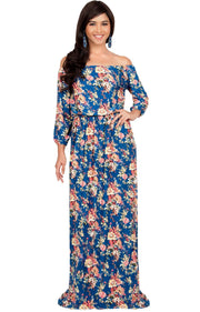 TABITHA - Off Shoulder Floral 3/4 Sleeve Summer Cocktail Maxi Dress - Royal Blue & Yellow / 2X Large