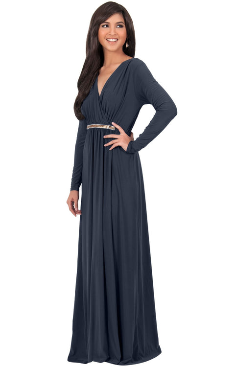 TIFFANY - Long Sleeve Kaftan Fall Flowy V-Neck Maxi Dress Gown Abaya