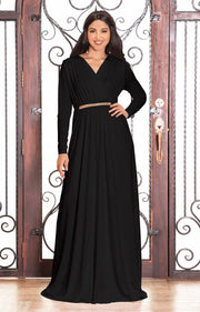 TIFFANY - Long Sleeve Kaftan Fall Flowy V-Neck Maxi Dress Gown Abaya - Black / 2X Large