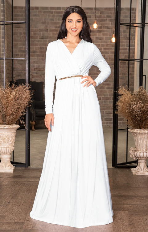TIFFANY - Long Sleeve Kaftan Fall Flowy V-Neck Maxi Dress Gown Abaya - Ivory White / 2X Large