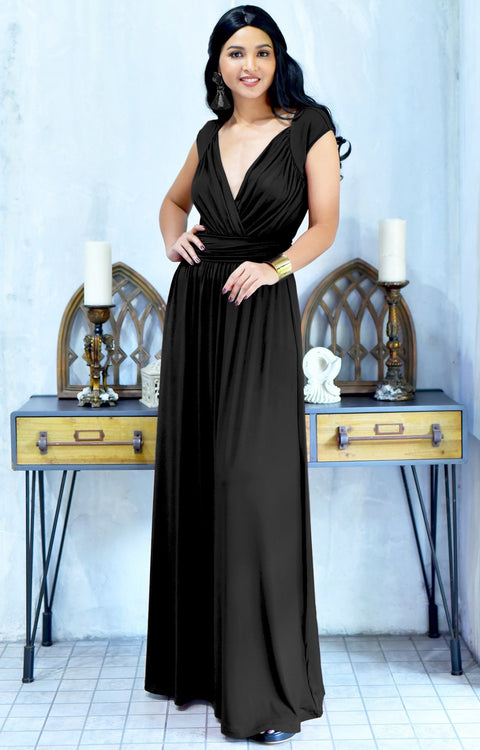 VALERIE - Bridesmaid Cap Sleeve Cocktail Wedding Gown Long Maxi Dress - Black / 2X Large