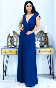 VALERIE - Bridesmaid Cap Sleeve Cocktail Wedding Gown Long Maxi Dress - Cobalt / Royal Blue / 2X Large