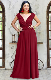 VALERIE - Bridesmaid Cap Sleeve Cocktail Wedding Gown Long Maxi Dress - Crimson Dark Red / 2X Large