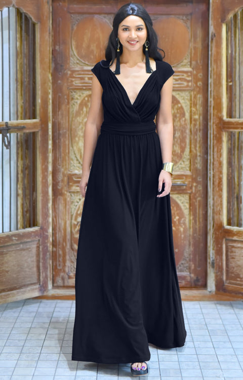 VALERIE - Bridesmaid Cap Sleeve Cocktail Wedding Gown Long Maxi Dress - Dark Navy Blue / 2X Large