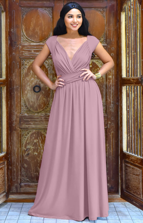 VALERIE - Bridesmaid Cap Sleeve Cocktail Wedding Gown Long Maxi Dress - Dusty Pink / Extra Small