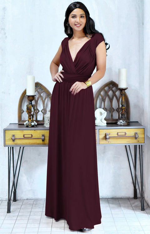 VALERIE - Bridesmaid Cap Sleeve Cocktail Wedding Gown Long Maxi Dress - Maroon Wine Red / 2X Large
