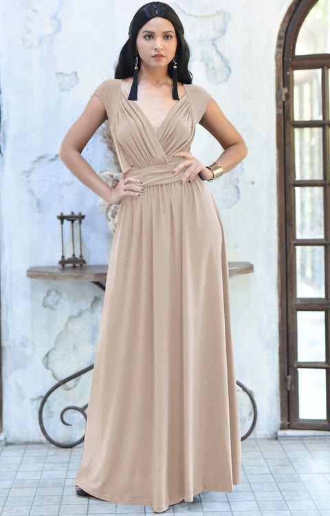 VALERIE - Bridesmaid Cap Sleeve Cocktail Wedding Gown Long Maxi Dress - Tan Light Brown / 2X Large