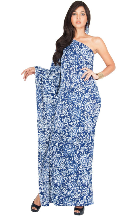YELENA - One Shoulder Cape Print Sexy Maxi Dress - Dark Navy Blue / 2X Large