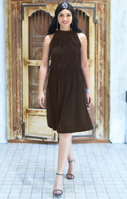 ZINA - Bridesmaid Wedding Formal Summer Flowy Knee Length Midi Dress - Dark Brown / 2X Large