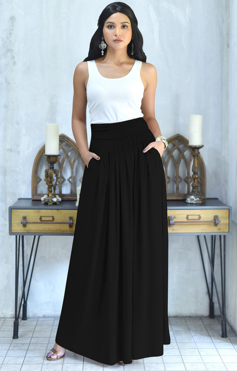 ZIYA - High Waist Long Flowy with Pockets Maxi Skirt - Black / 2X Large