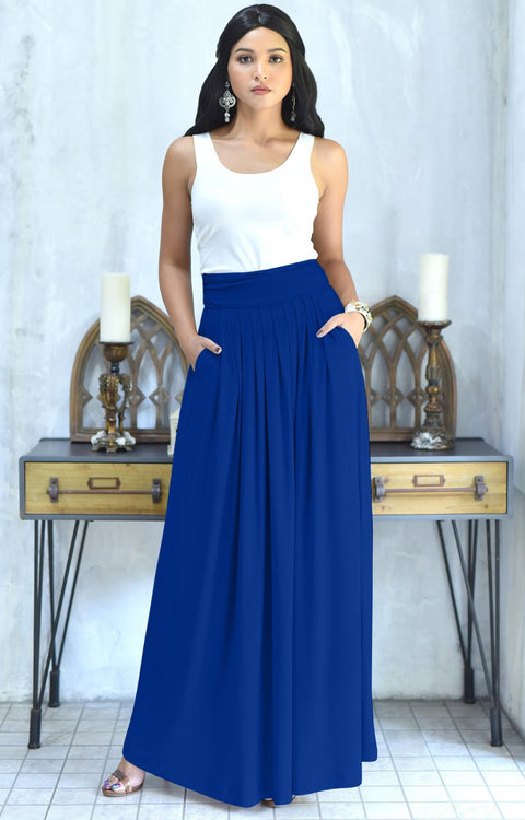 ZIYA - High Waist Long Flowy with Pockets Maxi Skirt - Cobalt Royal Blue / Extra Small