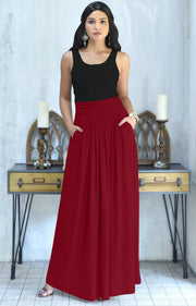 ZIYA - High Waist Long Flowy with Pockets Maxi Skirt - Crimson Dark Red / 2X Large