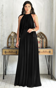 ZOE - Long Bridesmaid Cocktail Maxi Dress Gown Sleeveless Halter Flowy - Black / 2X Large