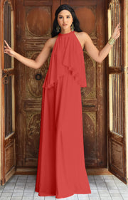 ZOE - Long Bridesmaid Cocktail Maxi Dress Gown Sleeveless Halter Flowy - Bright Coral Red / 2X Large