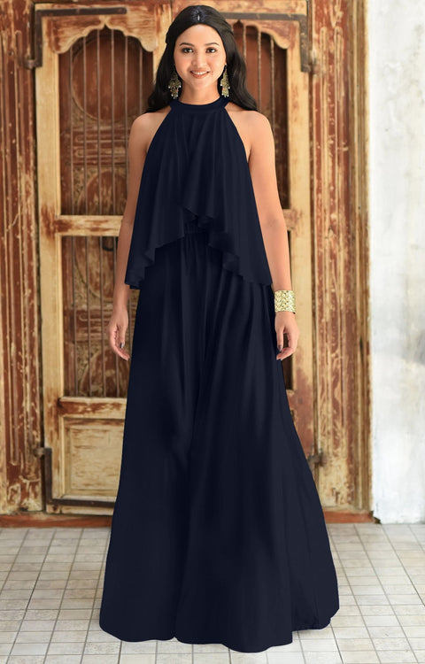 ZOE - Long Bridesmaid Cocktail Maxi Dress Gown Sleeveless Halter Flowy - Dark Navy Blue / 2X Large