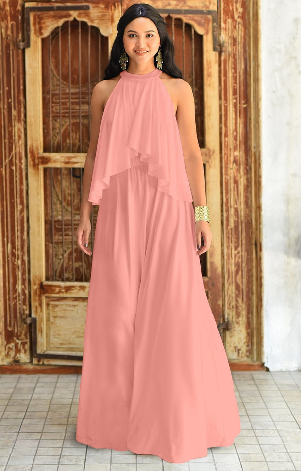 ZOE - Long Bridesmaid Cocktail Maxi Dress Gown Sleeveless Halter Flowy - Light Pink Peach / 2X Large