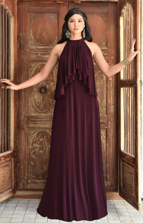 ZOE - Long Bridesmaid Cocktail Maxi Dress Gown Sleeveless Halter Flowy - Maroon Wine Red / 2X Large