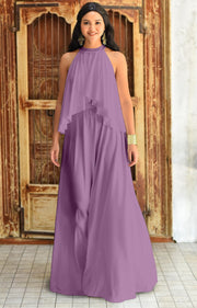 ZOE - Long Bridesmaid Cocktail Maxi Dress Gown Sleeveless Halter Flowy - Plum Light Purple / Small